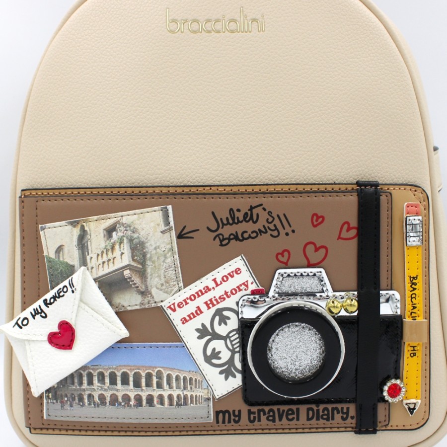 Ladies Bags Braccialini | Braccialini Creative Beige Backpack, With The Travel Diary Applique, Verona Theme B14863