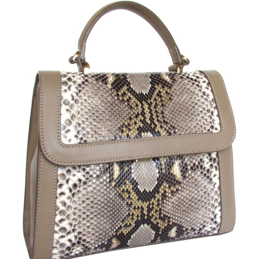 Ladies Bags Cosmina Suciu | Cosmina Suciu Luxury Beige Leather & True Python Handbag Made In Italy