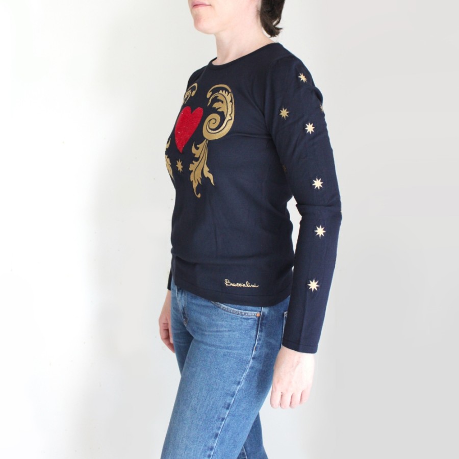 Ladies Matching Clothing For Bags Braccialini | Braccialini Long Sleeve Women'S Pullover, Blue With Embroidery, Tarot And Stars Theme Bknit80