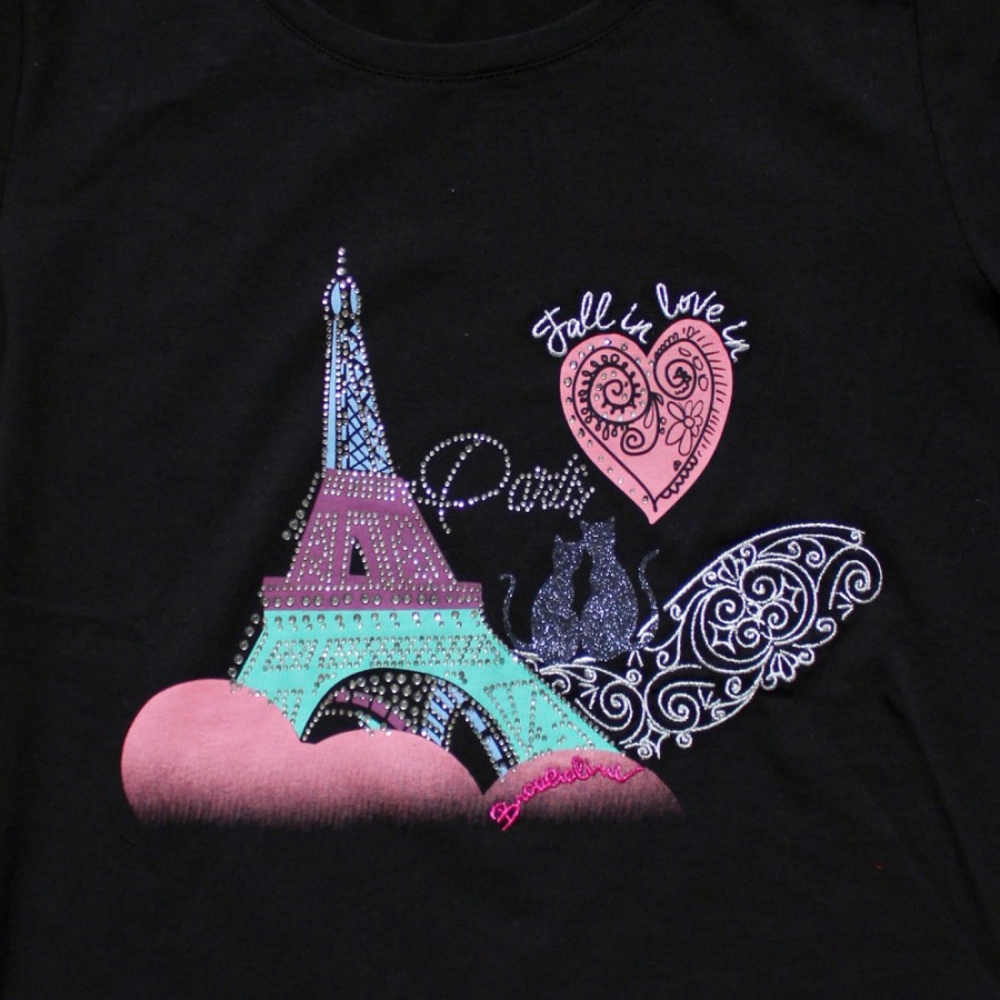 Ladies Matching Clothing For Bags Braccialini | Braccialini Women'S Black T-Shirt, Short Sleeve, With Paris Themed Applique Btop211