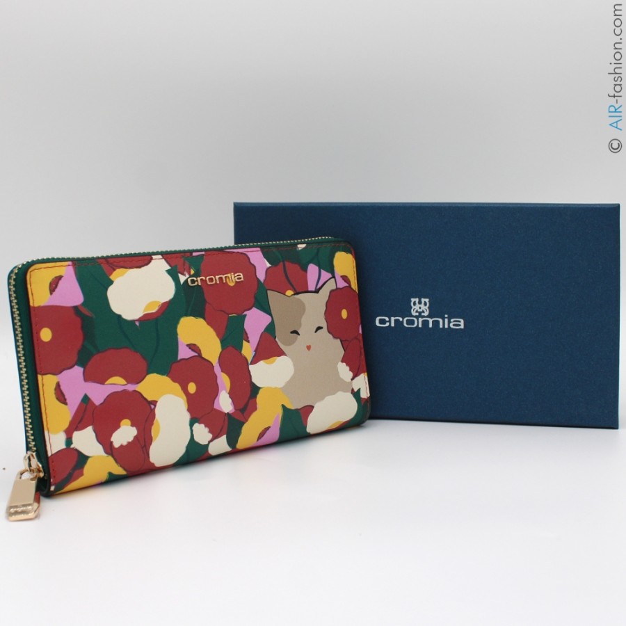 Ladies Accessories Cromia | Cromia Multi-Pocket Wallet Of Leather With Floral Pattern And Cat, Made In Italy 2641309