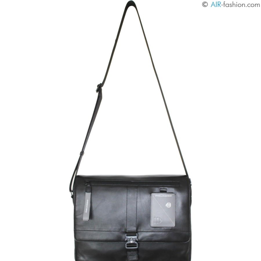 Mens Bags PIQUADRO | Piquadro Men'S Black Leather Messenger Bag With Laptop & Ipad Pockets Ca4639W97