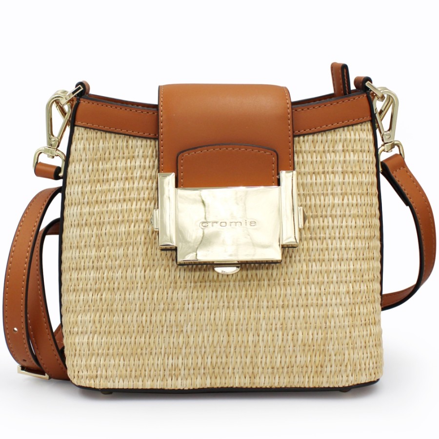 Ladies Bags Cromia | Cromia Crossbody Bucket Bag Of Tan Colored Leather And Straw 1405202