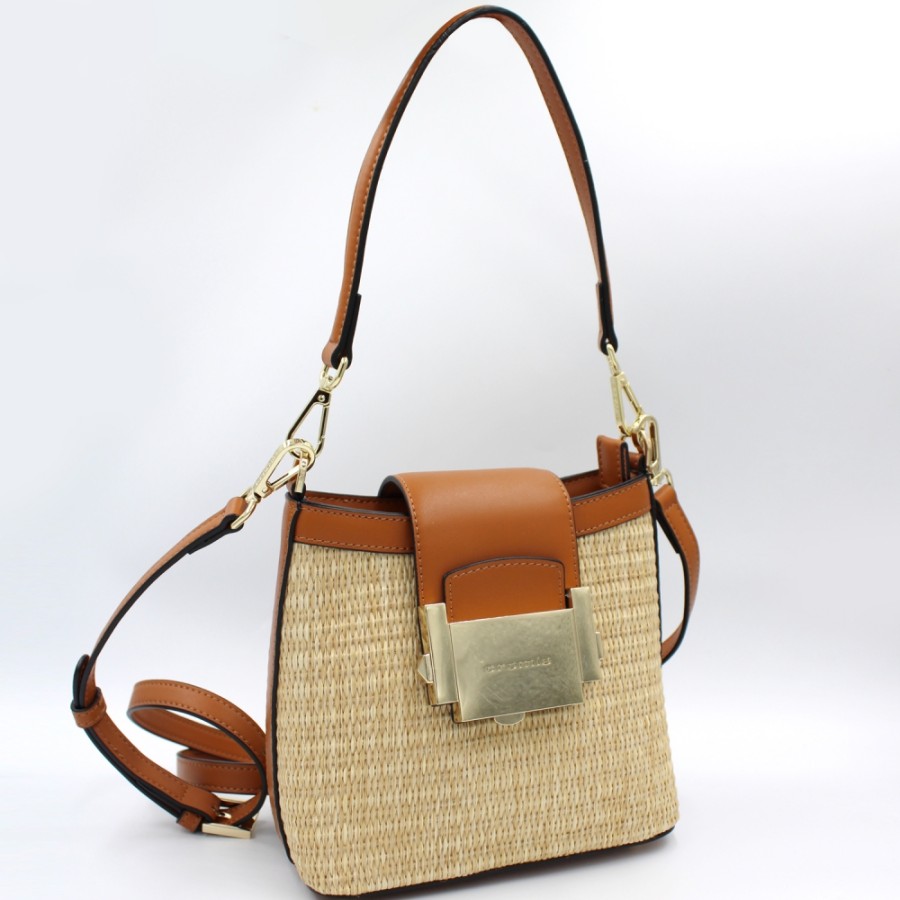 Ladies Bags Cromia | Cromia Crossbody Bucket Bag Of Tan Colored Leather And Straw 1405202