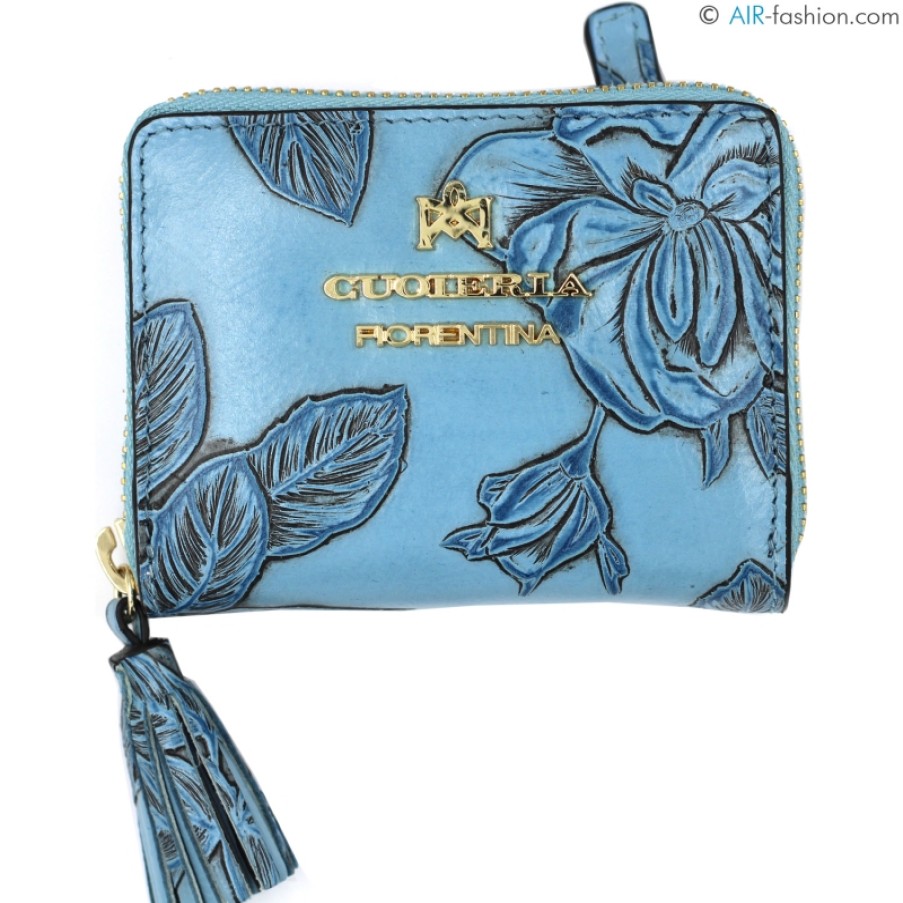 Ladies Accessories Cuoieria Fiorentina | Cuoieria Fiorentina Small Zip Around Wallet Of Blue Embossed Leather With Floral Ornament D1008