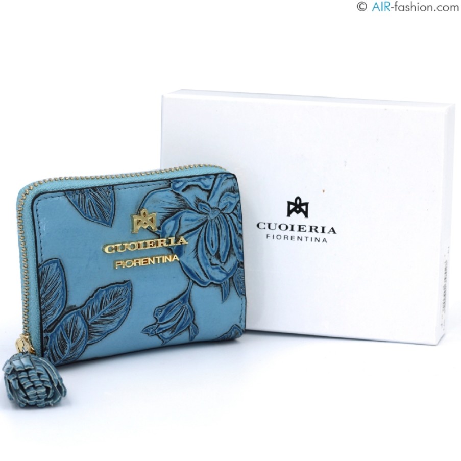 Ladies Accessories Cuoieria Fiorentina | Cuoieria Fiorentina Small Zip Around Wallet Of Blue Embossed Leather With Floral Ornament D1008