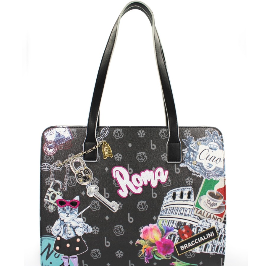 Ladies Bags Braccialini | Braccialini Black Shopper Bag With Applique, Theme: Rome Tourist Attractions B16116