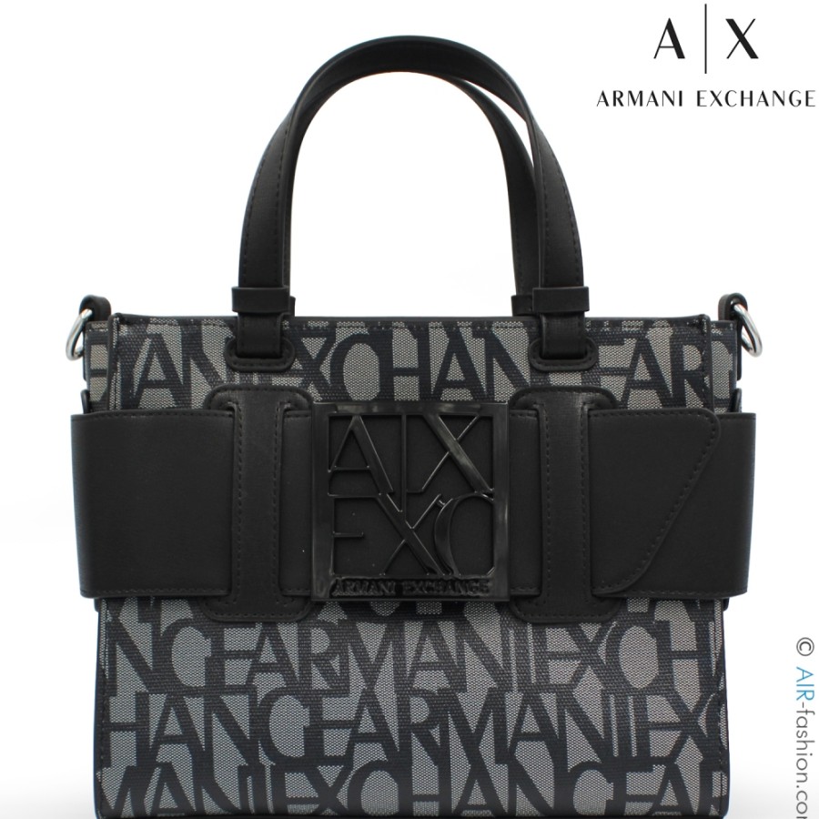 Ladies Bags Armani Exchange | Armani Exchange Small Tote Bag, With Black-Gray Logos Pattern 9426903F742100850