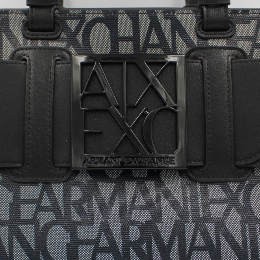 Ladies Bags Armani Exchange | Armani Exchange Small Tote Bag, With Black-Gray Logos Pattern 9426903F742100850