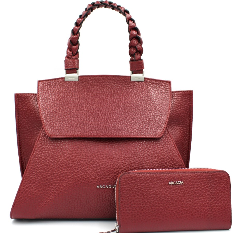 Ladies Bags ARCADIA | Arcadia Burgundy Leather Satchel Bag & Matching Wallet Made In Italy 2101-1604