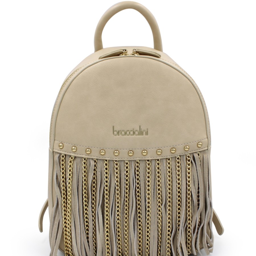 Ladies Bags Braccialini | Braccialini Women'S Beige Backpack With Fringes And Chains B16214-305