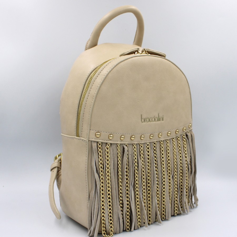 Ladies Bags Braccialini | Braccialini Women'S Beige Backpack With Fringes And Chains B16214-305