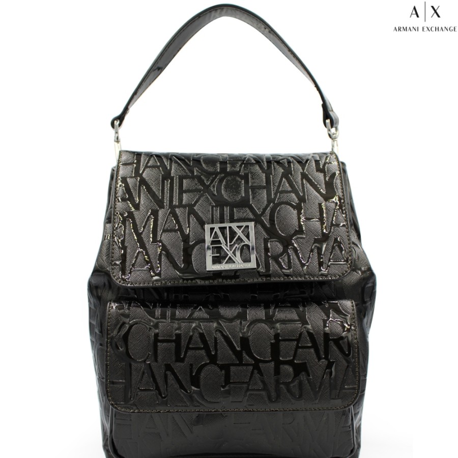 Ladies Bags Armani Exchange | Armani Exchange Glossy Black Backpack With Embossed Logos 942660-Cc794-Black