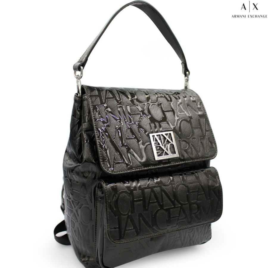 Ladies Bags Armani Exchange | Armani Exchange Glossy Black Backpack With Embossed Logos 942660-Cc794-Black