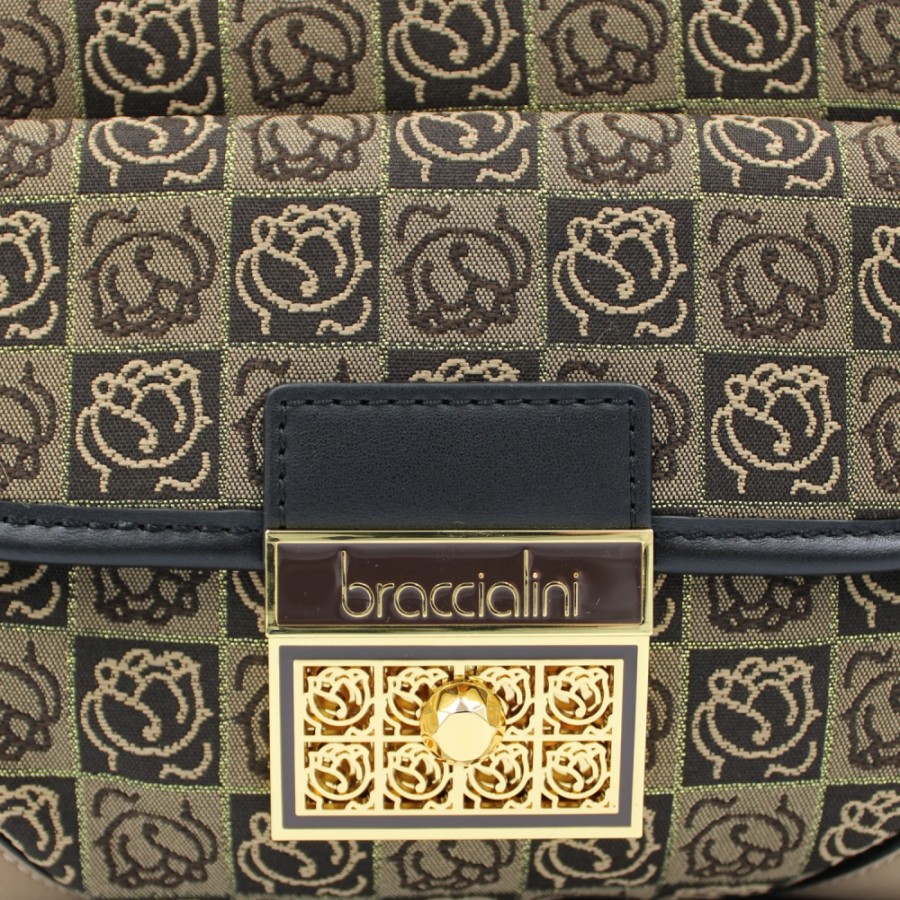 Ladies Bags Braccialini | Braccialini Backpack In Jacquard Fabric With Woven Roses Pattern, Brown With Gold B14457