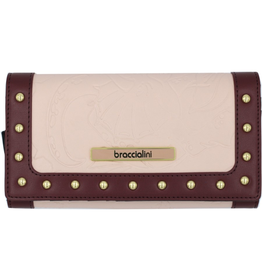 Ladies Accessories Braccialini | Braccialini Light Pink & Plum Color Leather Flap Wallet With Relief Pattern B13582