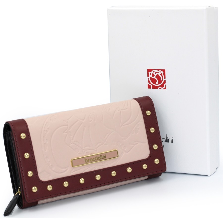 Ladies Accessories Braccialini | Braccialini Light Pink & Plum Color Leather Flap Wallet With Relief Pattern B13582