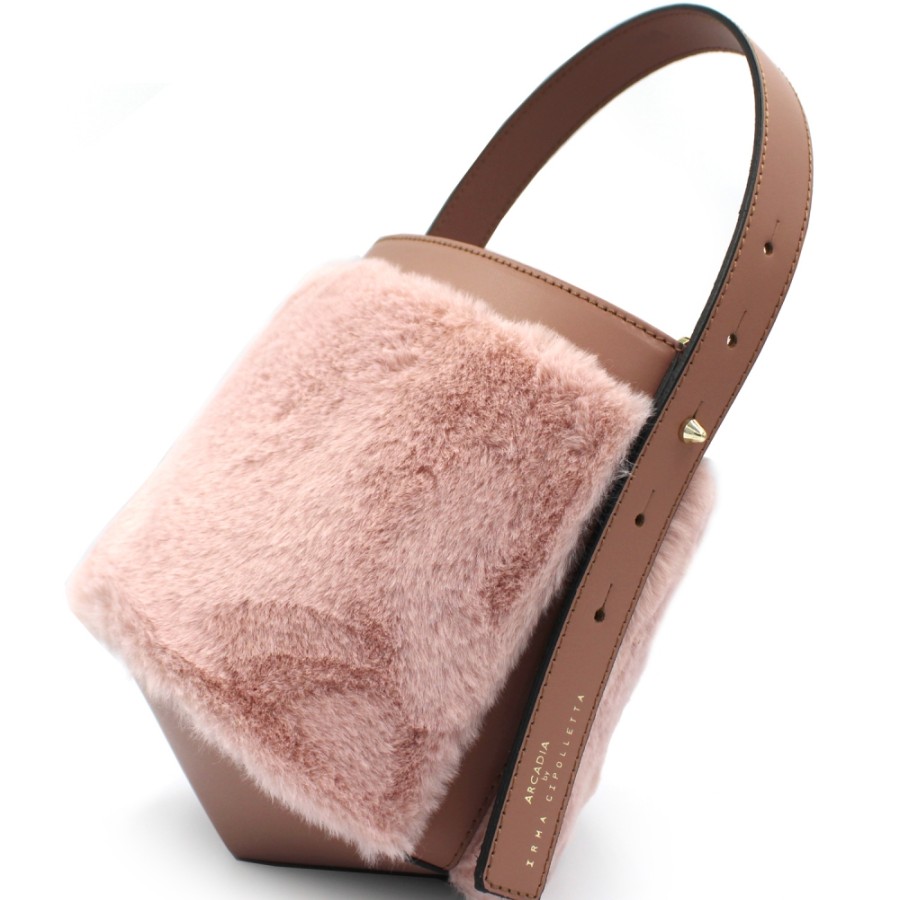 Ladies Bags ARCADIA | Arcadia Glamorous Pink Bucket Bag Of Leather & Eco-Fur Made In Italy 4698R