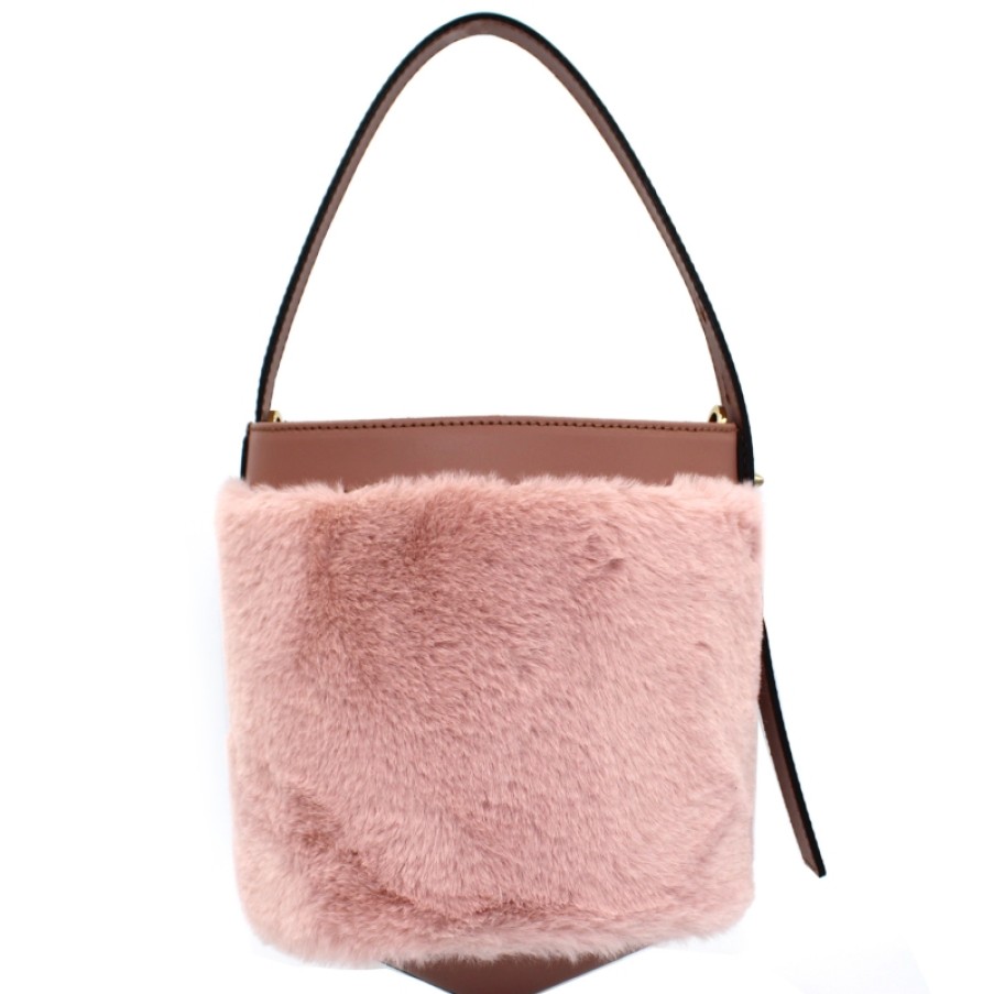 Ladies Bags ARCADIA | Arcadia Glamorous Pink Bucket Bag Of Leather & Eco-Fur Made In Italy 4698R