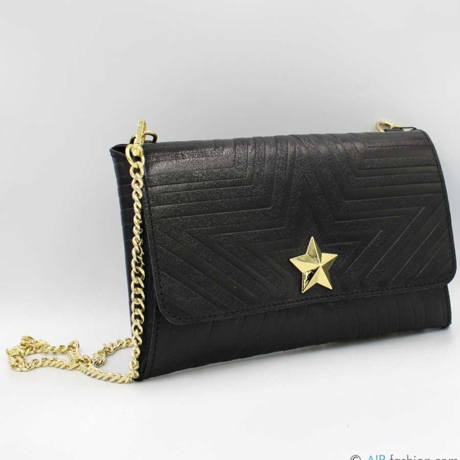 Ladies Bags M*BRC | M*Brc Black Leather Clutch Bag With Chain Shoulder Strap F223_Nero