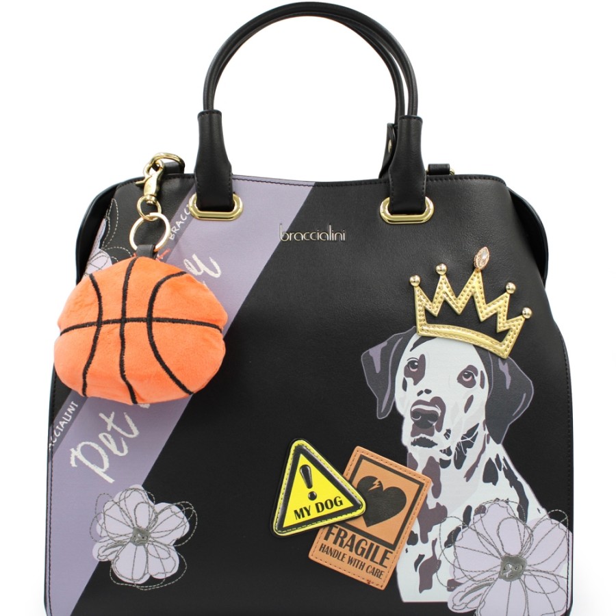 Ladies Bags Braccialini | Braccialini Black Bag With Illustrations Of Dogs And A Plush Toy Pendant Basket Ball B16881