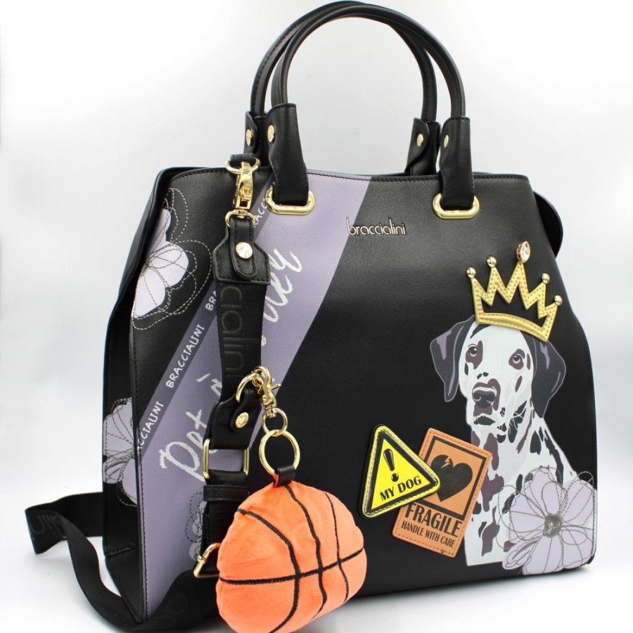 Ladies Bags Braccialini | Braccialini Black Bag With Illustrations Of Dogs And A Plush Toy Pendant Basket Ball B16881